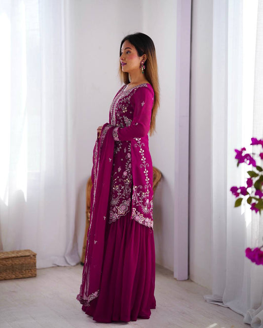 Wine Color Faux Georgette With Sequence Work Sharara Suit