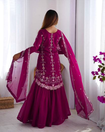 Wine Color Faux Georgette With Sequence Work Sharara Suit