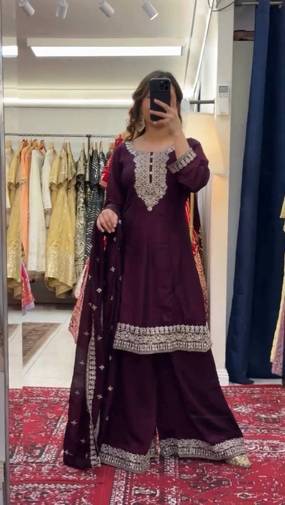 Coffee Color Chinon Silk With Thread And Sequence Work Plazo Suit