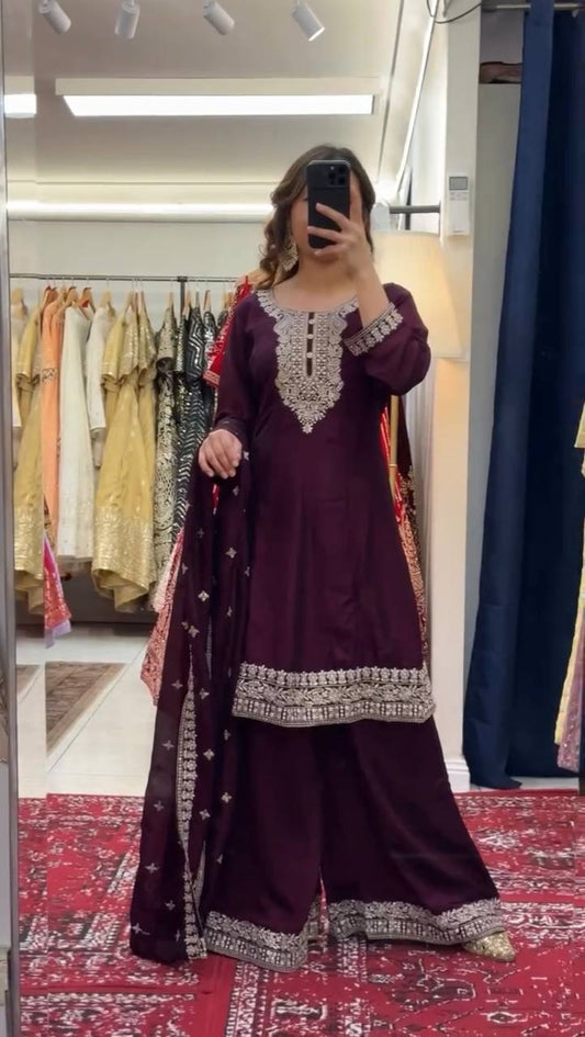Coffee Color Chinon Silk With Thread And Sequence Work Plazo Suit