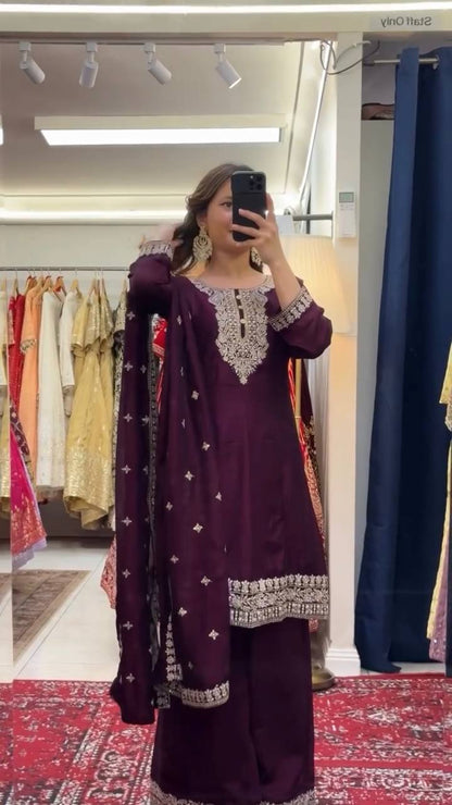 Coffee Color Chinon Silk With Thread And Sequence Work Plazo Suit