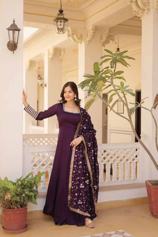 Purple Color Vichitra Silk Zari Sequence Work Gown With Dupatta