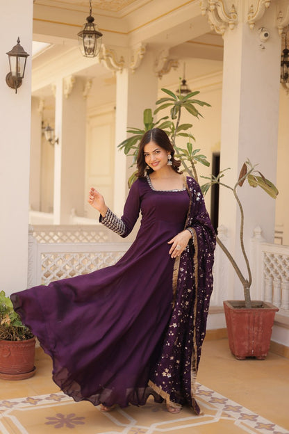 Purple Color Vichitra Silk Zari Sequence Work Gown With Dupatta