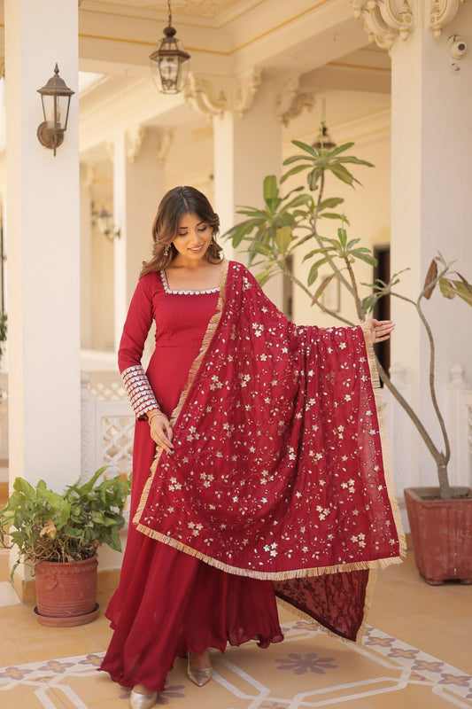 Maroon Color Vichitra Silk With Embroidery Sequence Work Gown With Dupatta