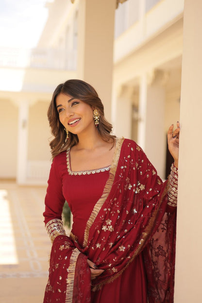 Maroon Color Vichitra Silk With Embroidery Sequence Work Gown With Dupatta