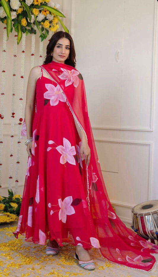 Pink Color Flower Printed Long Anarkali Suit With Dupatta