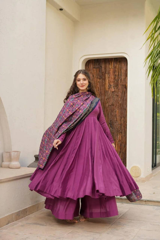 Pink Color Chinon Silk With Kurti With Plazoo And Dupatta
