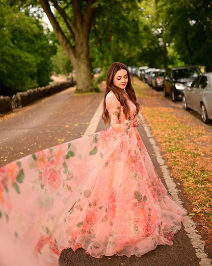 Light Orange Color Organza Silk Flower Printed Lehenga Choli