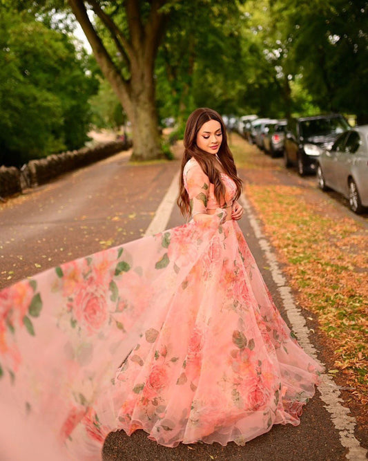 Light Orange Color Organza Silk Flower Printed Lehenga Choli