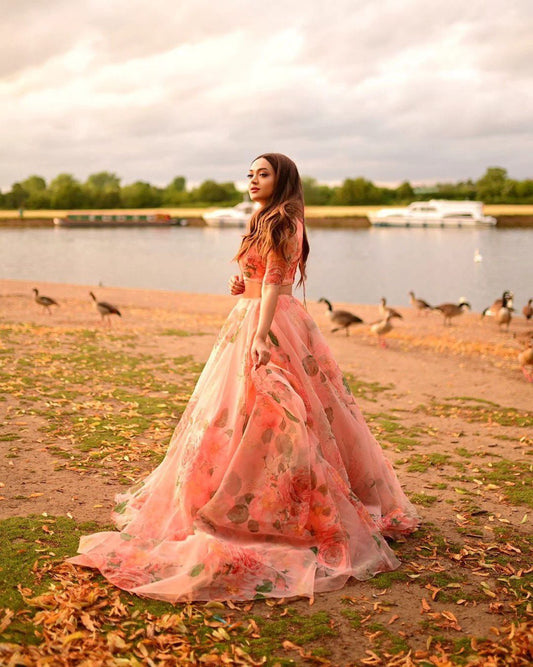 Light Orange Color Organza Silk Flower Printed Lehenga Choli