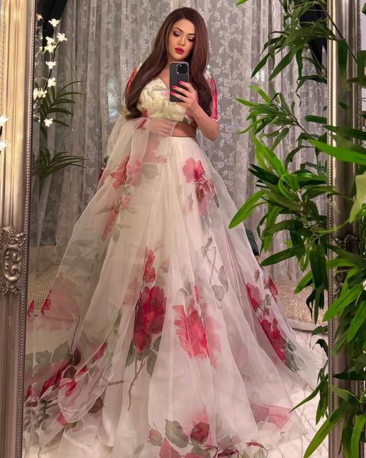 White Color Organza Silk With Flower Printed Lehenga Choli