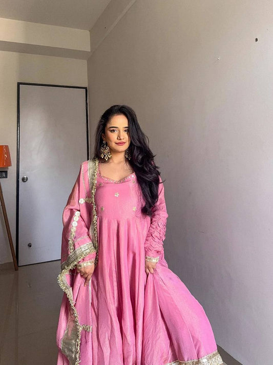 Wedding Wear Pink Color CHinon Silk With Sequence Work Long Anarkali Suit