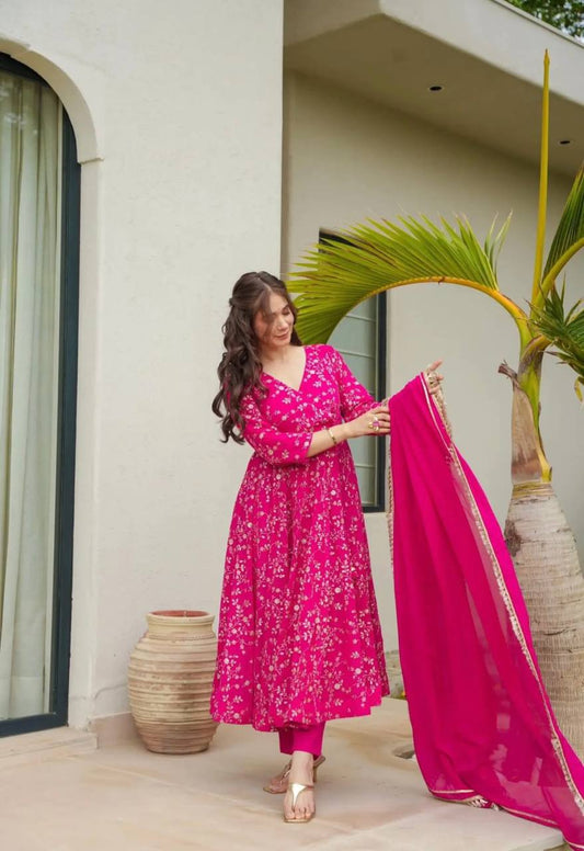 Beautiful Pink Colour Wedding Wear Three Piece Long Gown With Dupatta