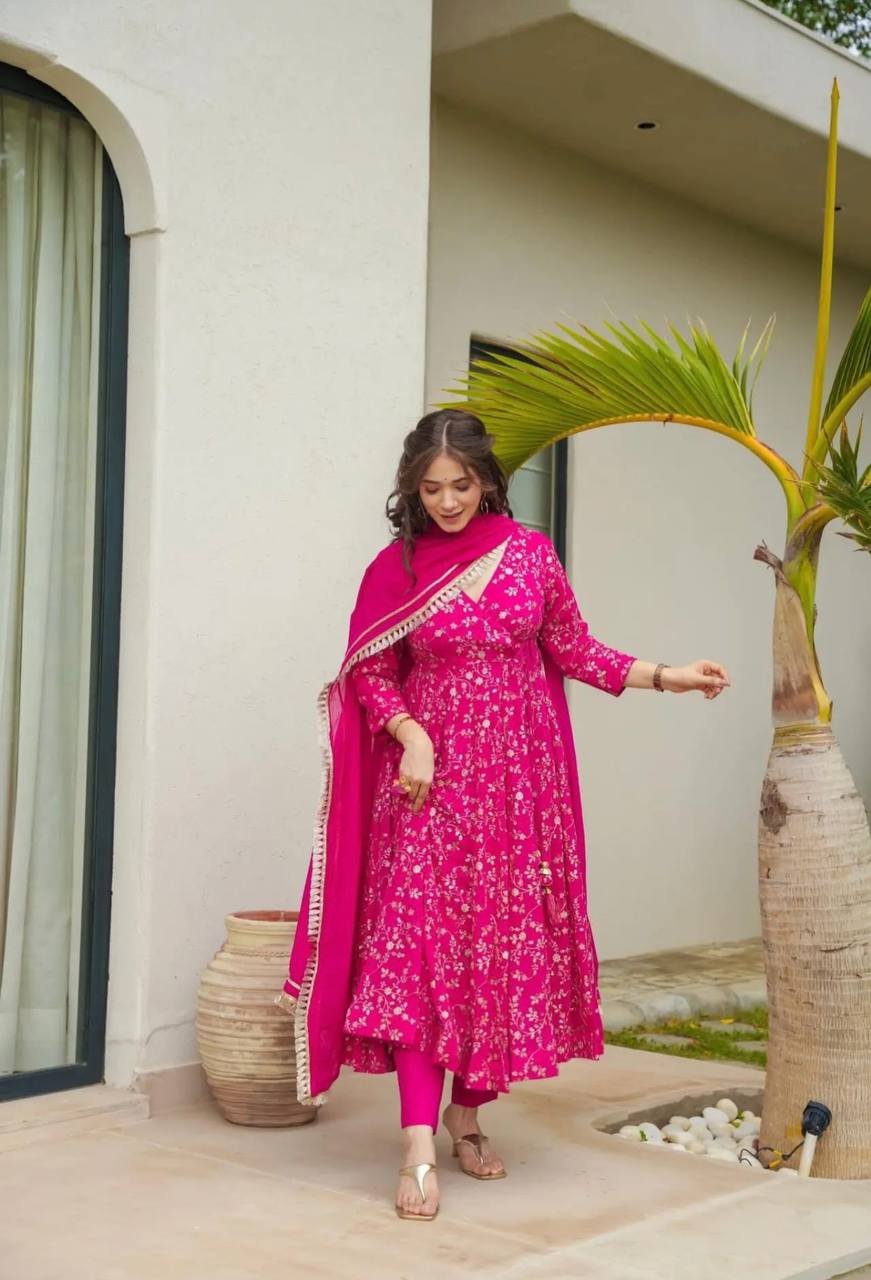 Beautiful Pink Colour Wedding Wear Three Piece Long Gown With Dupatta