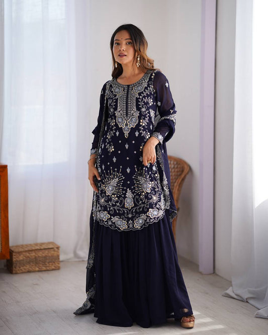 Navy Blue Color Georgette With Sequence Work Sharara Suit For Women