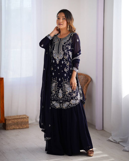 Navy Blue Color Georgette With Sequence Work Sharara Suit For Women