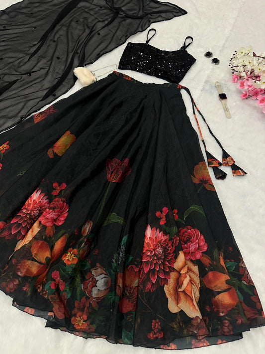 Black Color Georgette With Sequence Work And Floral Printed Lehenga Choli
