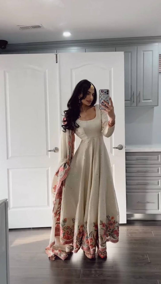 Cream Color Thread With Sequence Work Anarkali Gown With Dupatta