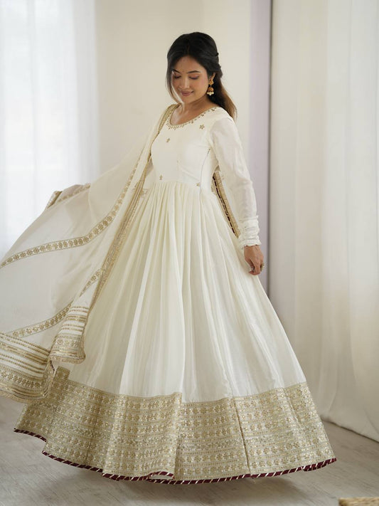 Wedding Wear White Color Chinon Silk With Thread And Sequence Work Anarkali Gown
