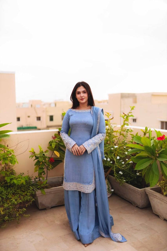 Gray Color Georgette With Embroidery Work Sharara Suit