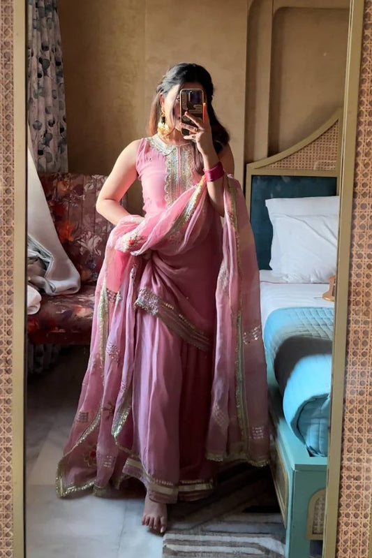 Pink Color Organza With Embroidery And Sequence Work Sharara Suit