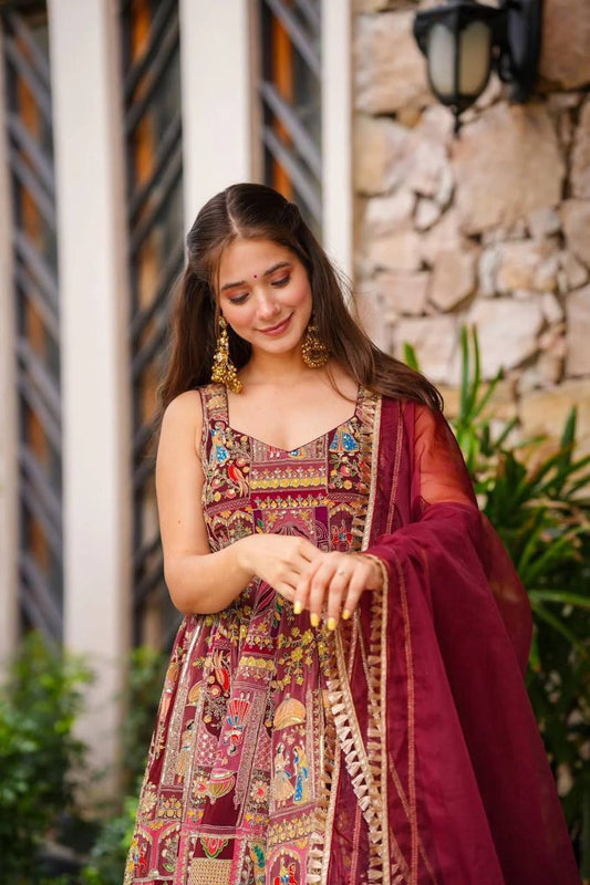 Maroon Color Jimmy Chu Silk Digital Printed Wear Long Gown With Dupatta