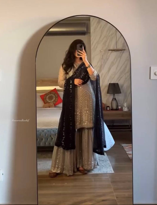 Beautiful Gray Color Georgette With Sequence Work Sharara Suit