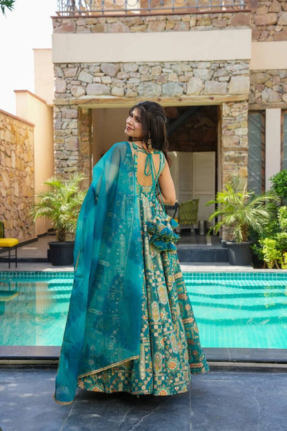 Sky Blue Color Jimmy Chu Silk With Digital Printed Gown With Dupatta