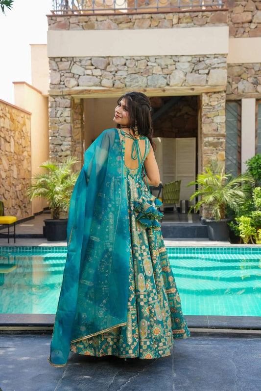 Sky Blue Color Jimmy Chu Silk With Digital Printed Gown With Dupatta