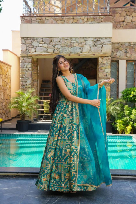 Sky Blue Color Jimmy Chu Silk With Digital Printed Gown With Dupatta