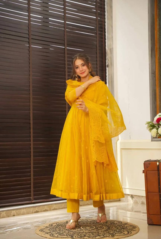 OutStanding  Yellow COlor Haldi Function Wear Embroidery Work Long Gown With Dupatta
