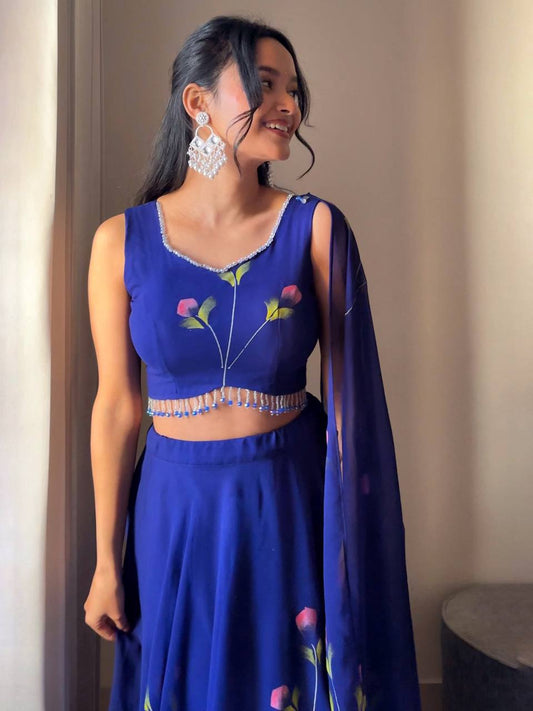 Function Wear Blue Color Georgette With Fully Flair Ready To wear Lehenga