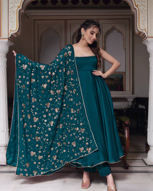 Beautiful Rama Color Sequence Work Long Gown With Dupatta