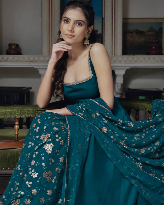Beautiful Rama Color Sequence Work Long Gown With Dupatta