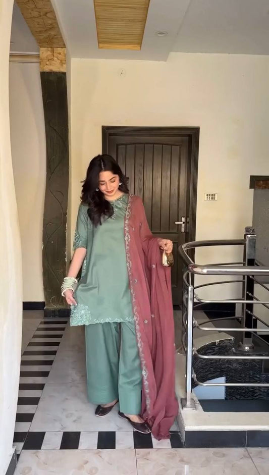 Sea Green Color Faux Georgette With Sequence Work Plazo Suit