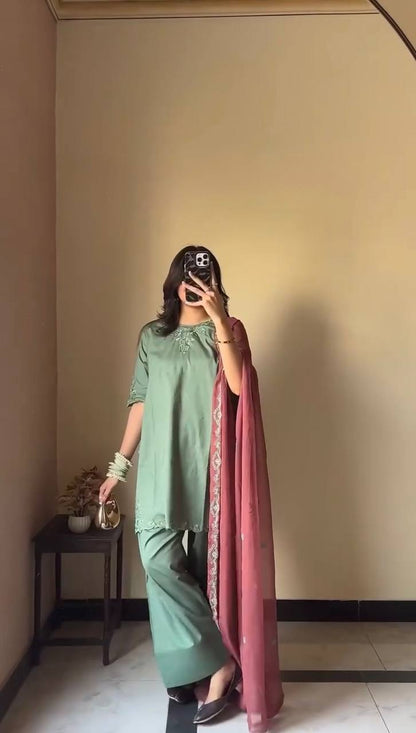 Sea Green Color Faux Georgette With Sequence Work Plazo Suit