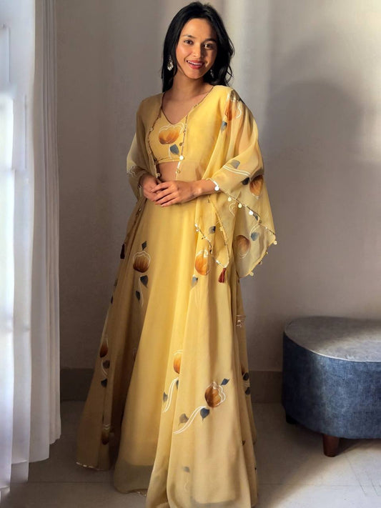 Haldi Function Wear Georgette With Flower Printed Lehenga Choli