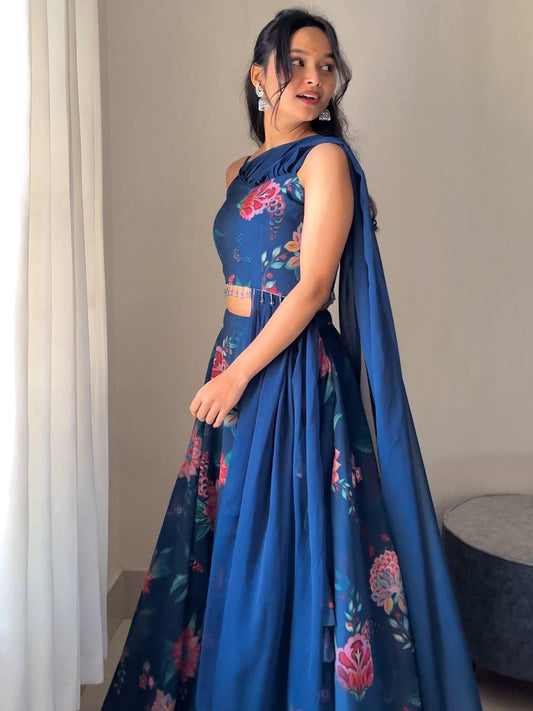 Ready To Wear Blue Color Georgette With Digital Printed Lehenga Choli