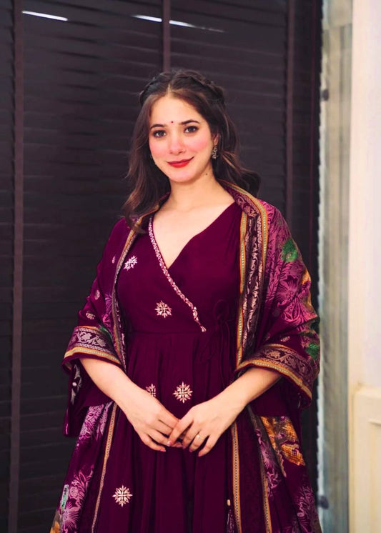 Captivating  Maroon WIne Designer Top With Plazo Set And Dupatta