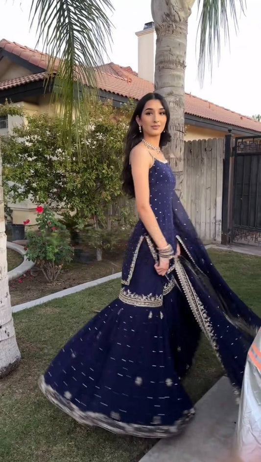 Navy Blue Color Georgette With Sequence Work Sharara Suit