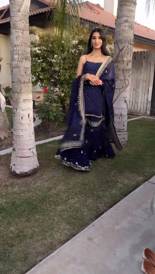 Navy Blue Color Georgette With Sequence Work Sharara Suit