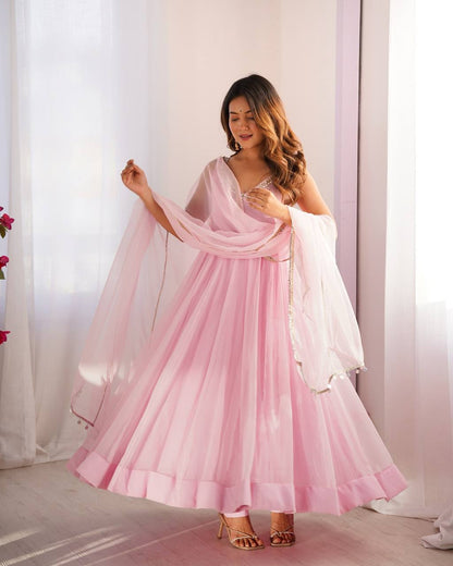 Pink Color Georgette With Hot Fix Work Anarkali Gown With Dupatta
