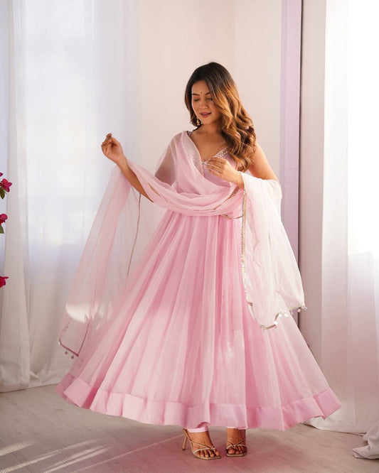 Pink Color Georgette With Hot Fix Work Anarkali Gown With Dupatta