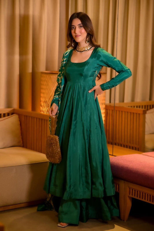 Rama Green Color Chinon Silk Anarkali Suit With Dupatta