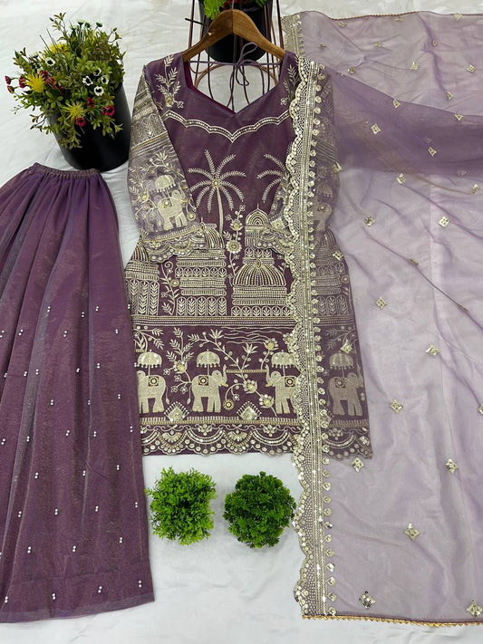 Purple color Twill Net With Embroidery Work Sharara Suit
