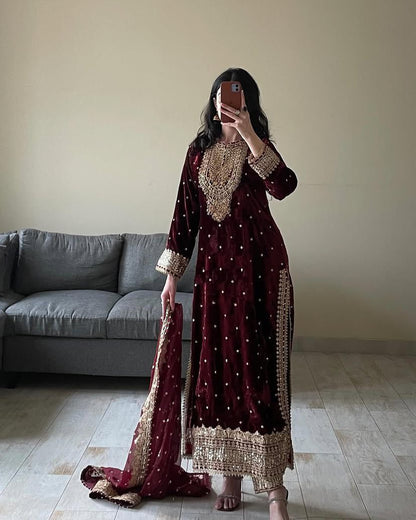 Maroon Color Velvet With Embroidery And Sequence Work Suit