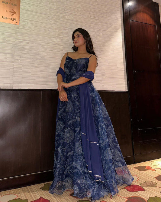 Royal Blue Color Digital Printed Gown With Dupatta