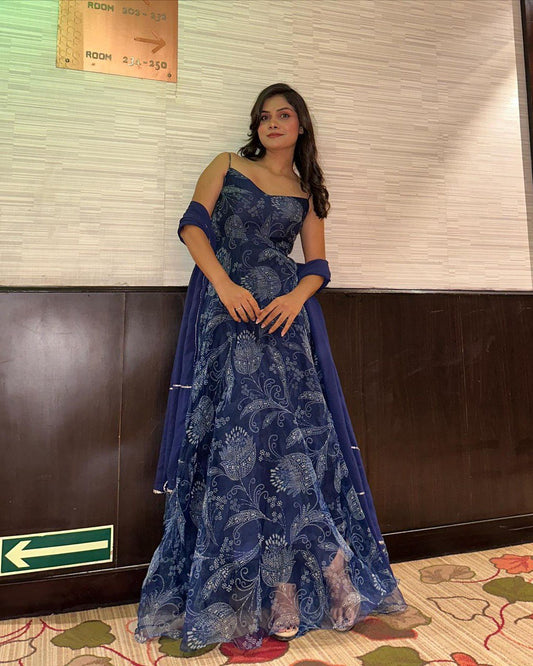 Royal Blue Color Digital Printed Gown With Dupatta