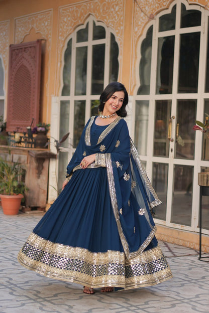Rama Color Faux Blooming With Sequence Work Long Gown With Dupatta