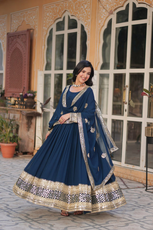 Rama Color Faux Blooming With Sequence Work Long Gown With Dupatta
